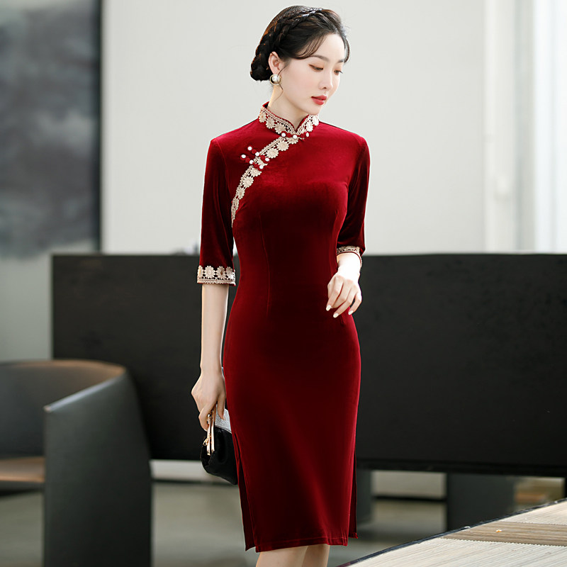 喜婆婆婚宴装结婚礼服妈妈旗袍酒红色中长袖敬酒服新娘丝绒小个子