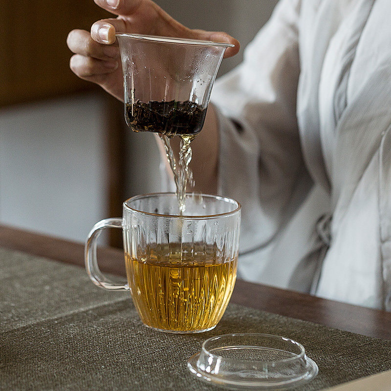 日式耐热玻璃杯带把带盖茶水分离过滤泡茶M杯家用水杯透明花茶杯