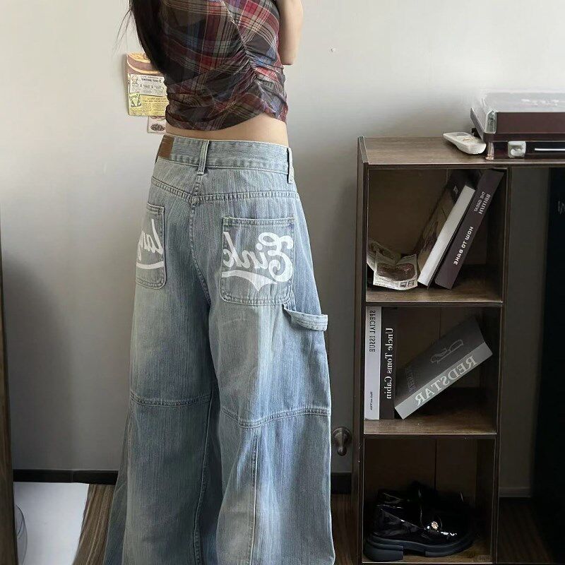 美式高街印花牛仔裤女春款2025新款水洗阔腿工装裤休闲直筒长裤子