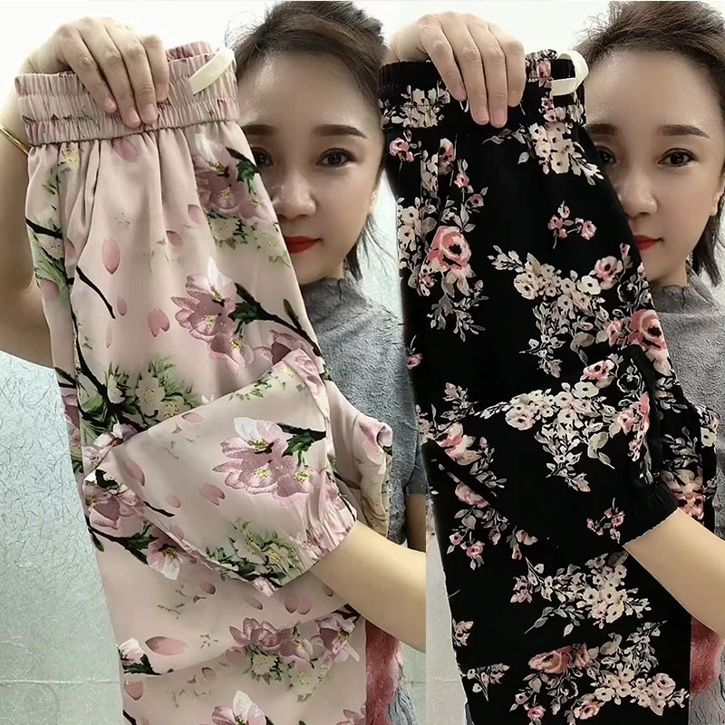 夏季新款冰丝花裤女2024薄款高腰宽松显瘦灯笼裤中老年休闲沙滩裤