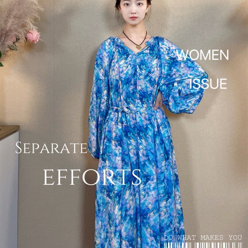 秋季女士连衣裙裙子v领长袖气质显瘦棉绸长裙宽松大码休闲赠腰带