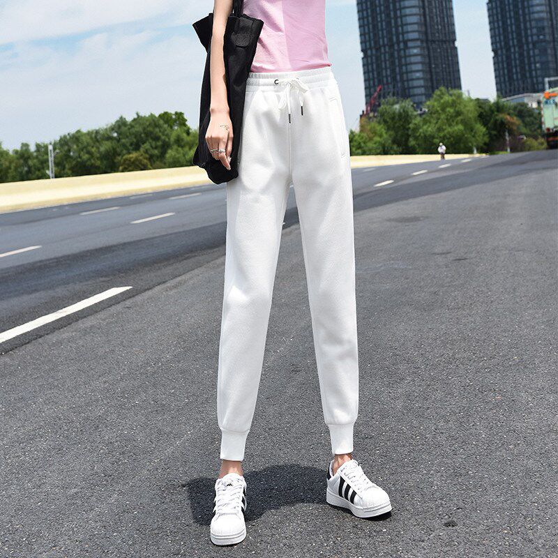 秋冬加绒白色休闲运动九分裤女春秋款小个子宽松高腰束脚纯棉卫裤
