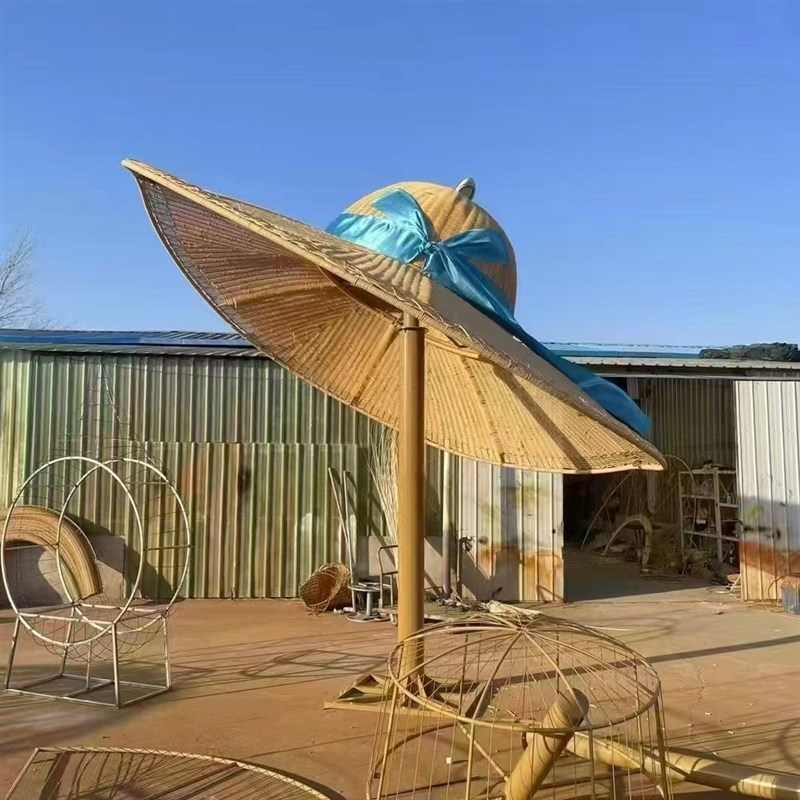 网红巨型大草帽藤编凉p亭户外花海风景区遮阳伞打卡拍照景观美陈
