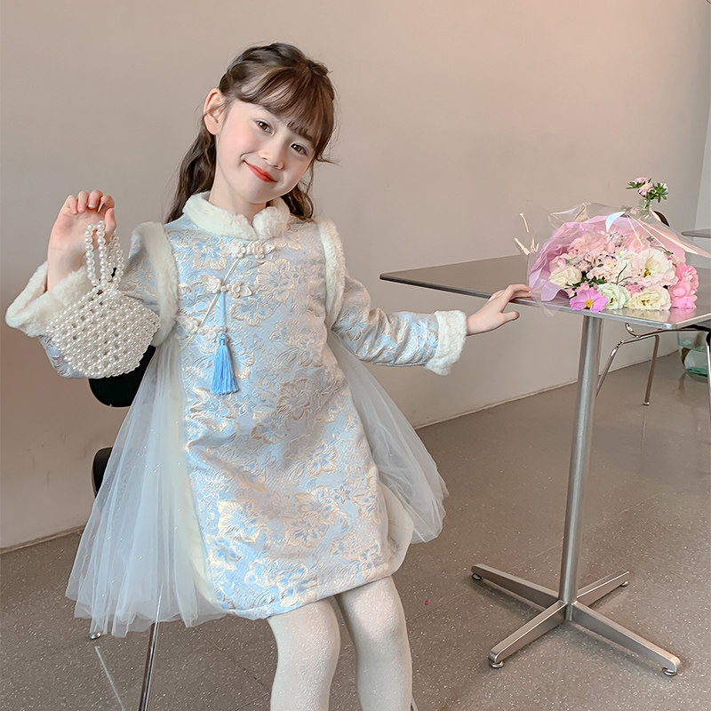 女童汉服洋装2023新款秋冬装加绒旗袍拜年服女孩唐装儿童新年装
