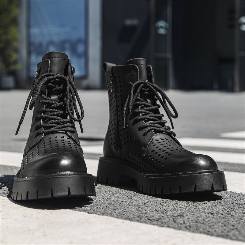 镂空马丁靴男款20n25夏季透气薄款内增高机车靴子男士厚底高帮鞋