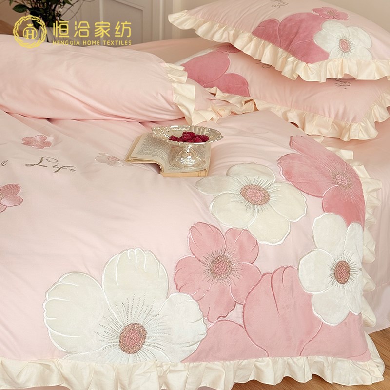 少女心超柔全棉四k件套粉色花卉布贴绣荷叶边柔软被套床上用品