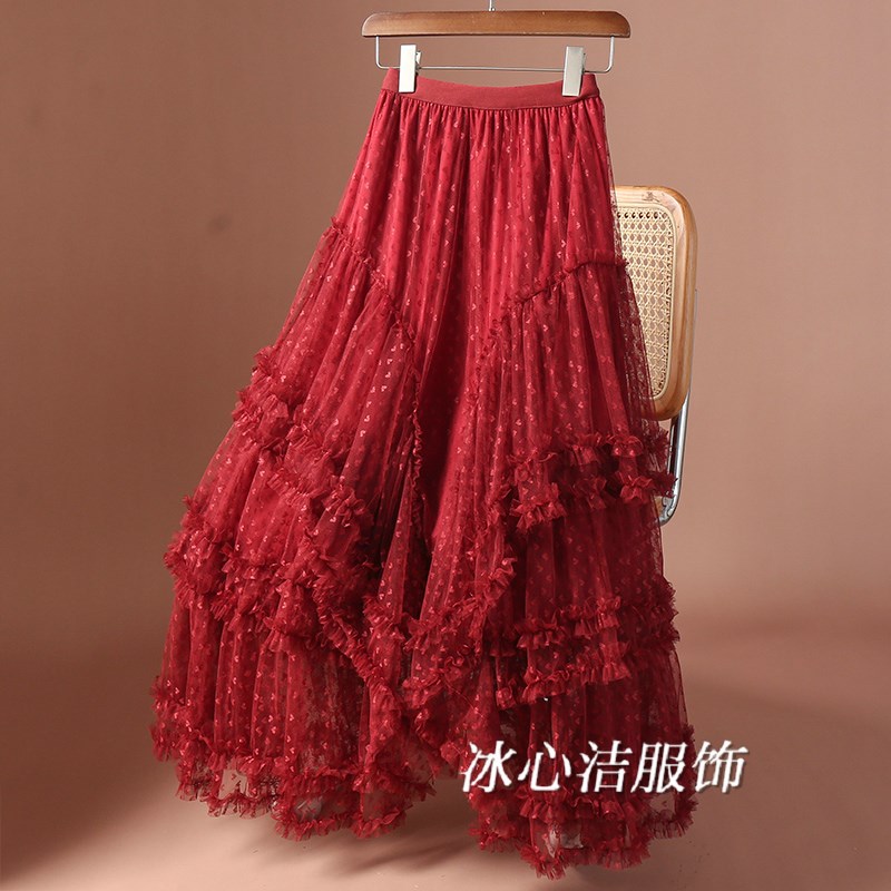 大摆红色提花网纱半身裙女2025春季新款纱裙蓬蓬裙子蛋糕长裙