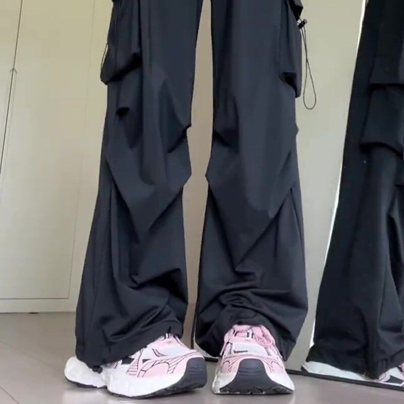 降落伞工装裤女夏季薄款裤子女高腰宽松显瘦黑色阔腿裤速干运动裤