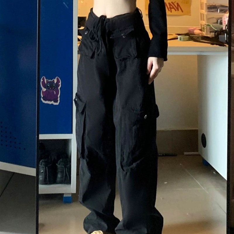 大码胖妹妹高腰显瘦工装牛仔裤女春秋美式复古百搭直筒阔腿长裤子