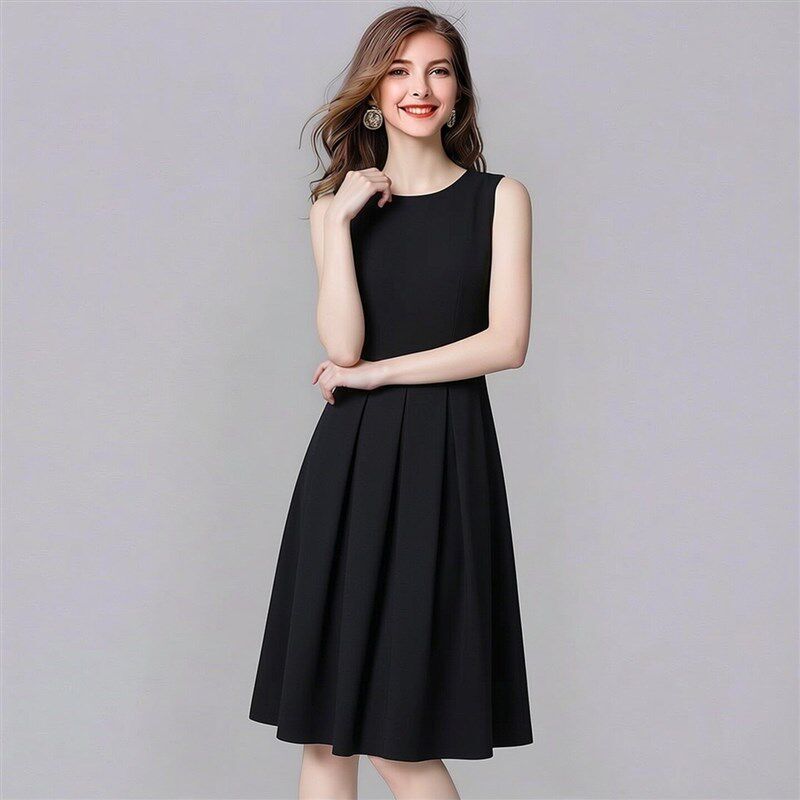 大码女装夏季无袖礼服黑色背心连衣裙子蓬蓬收腰白色2026春秋新款