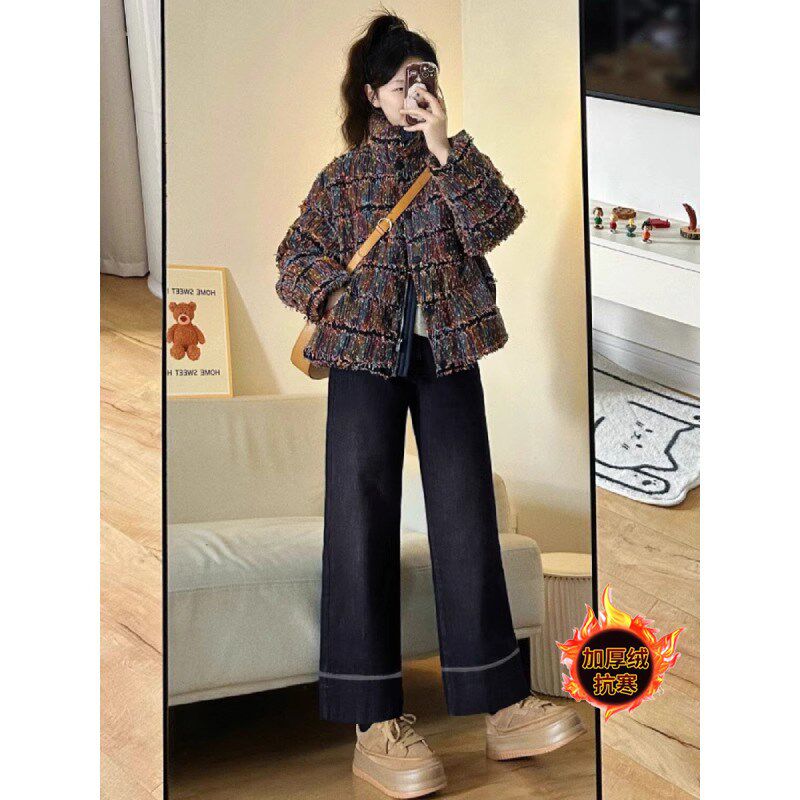 梨形身材拼接直筒牛仔裤女加绒冬季大码宽松显瘦胖妹妹九分阔腿裤