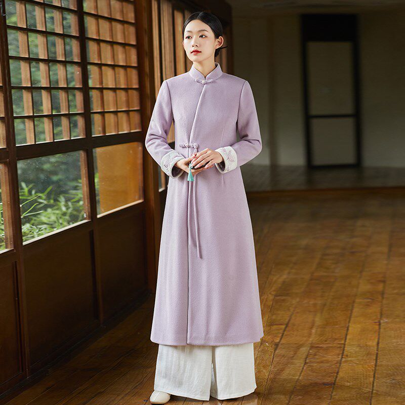 中国风汉服改良旗袍女秋冬新款中式复古加厚紫色上衣禅意茶服女装