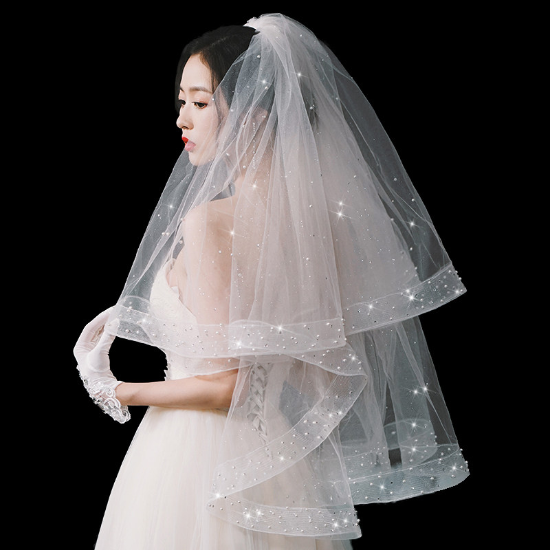 新娘结婚主婚纱头纱超仙森系网红拍照道具闪闪珍珠头纱头饰女