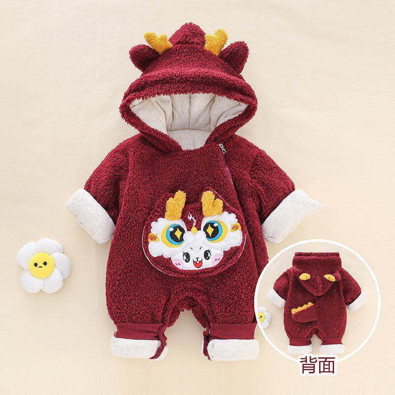 宝宝冬季外出服冬连体衣加t绒加厚新年装红色拜年新生儿婴儿满月