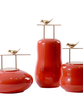 现代新中式软装配饰品玄关红色陶瓷储物罐书房书柜U客厅样板间摆