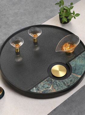 茶香里天然乌金j石茶盘家用简约客厅圆形奢石茶台大小号茶海托盘