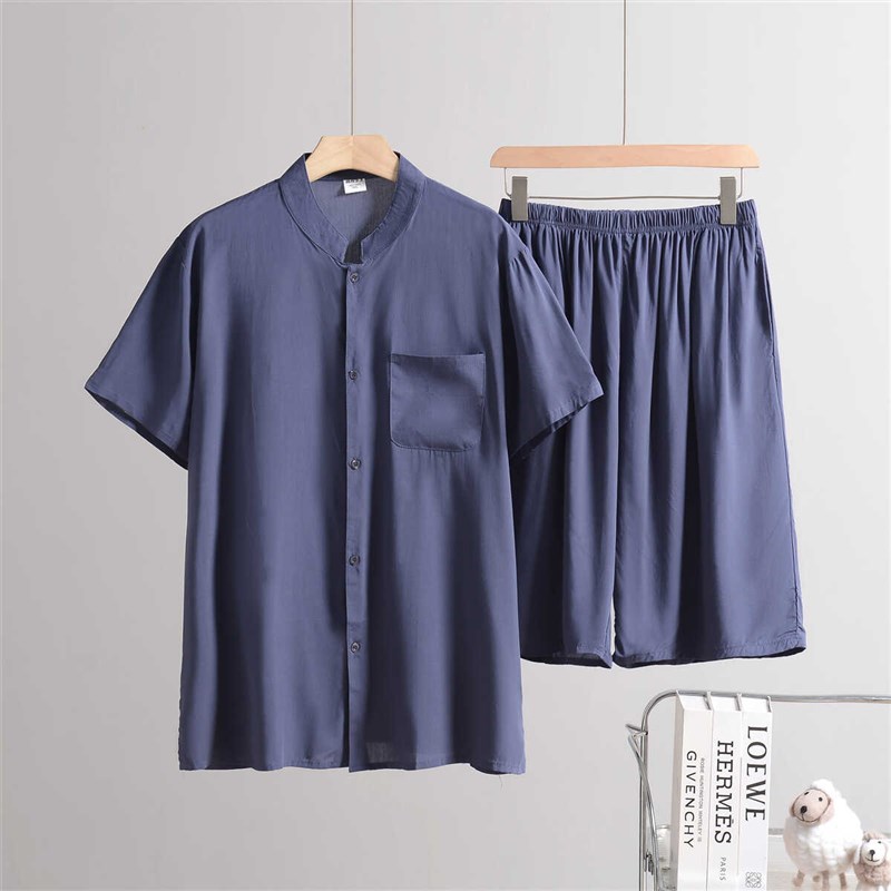 中老年男士家居服棉绸爸爸大码人造棉短袖开衫短裤两件套装立领