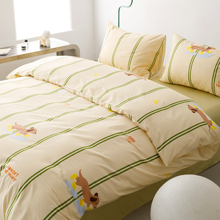 奶油风绿色条纹全棉被套单件学生宿人1.G5米200x230单双人被罩