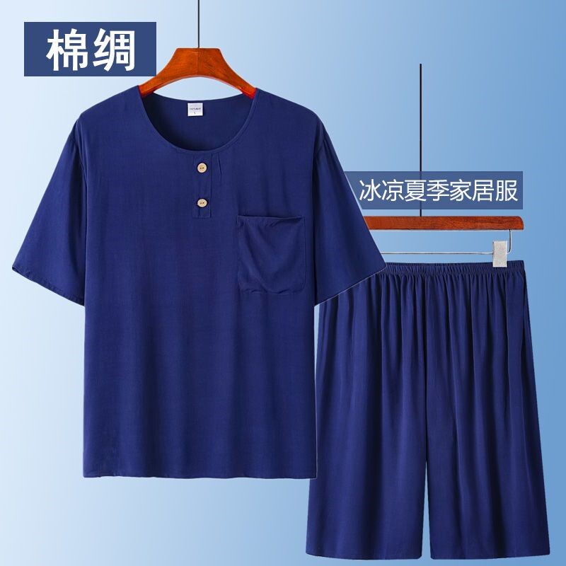 男士睡衣中老年棉绸夏季薄款短袖老人大码绵绸爸爸家居服夏天套装