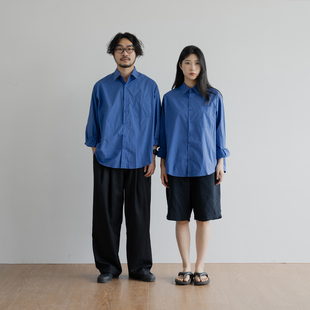 衬衫 雾撞山野长袖 男女克莱因蓝硫酸铜宽松休闲纯棉日系复古衬衣