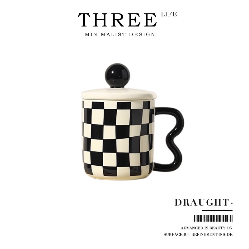 TlifeDraught杯具马克杯复古陶瓷带盖特色手柄咖啡杯  棋盘