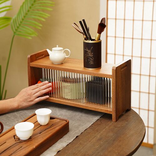 木质胡桃木桌面收纳柜玻璃茶壶茶具茶杯置物架化妆品 水杯收纳柜