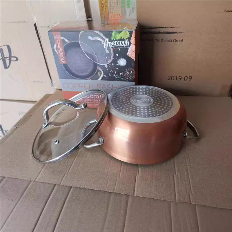 金色汤锅铝制欧洲麦饭石煎盘平底锅大底不粘汤R锅具烹饪双耳蒸煮