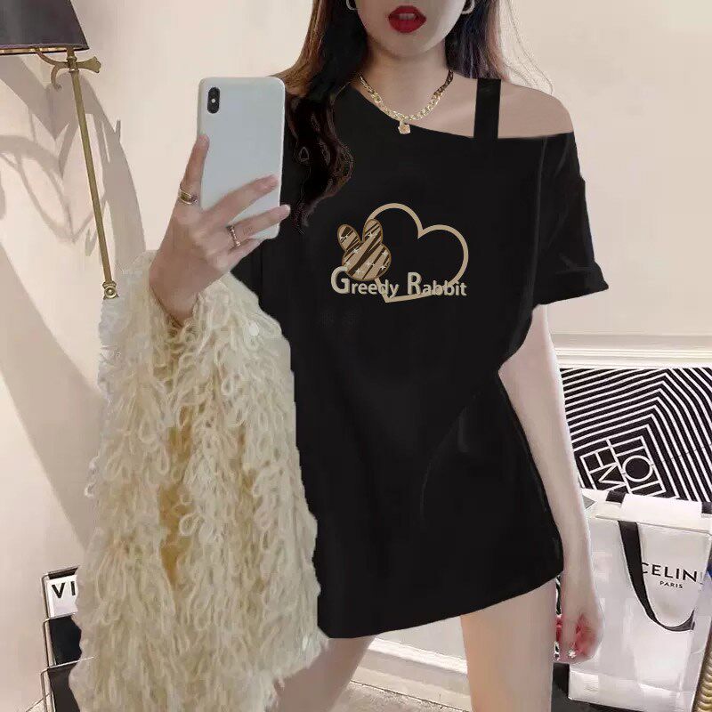 露肩中长款短袖t恤女黑色爱心显瘦上衣2025夏季新款下衣失踪体恤