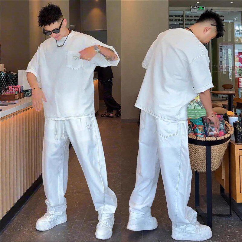 夏季轻薄亚麻凉感透气休闲套装男高级感H潮流撞线三角标运动两件