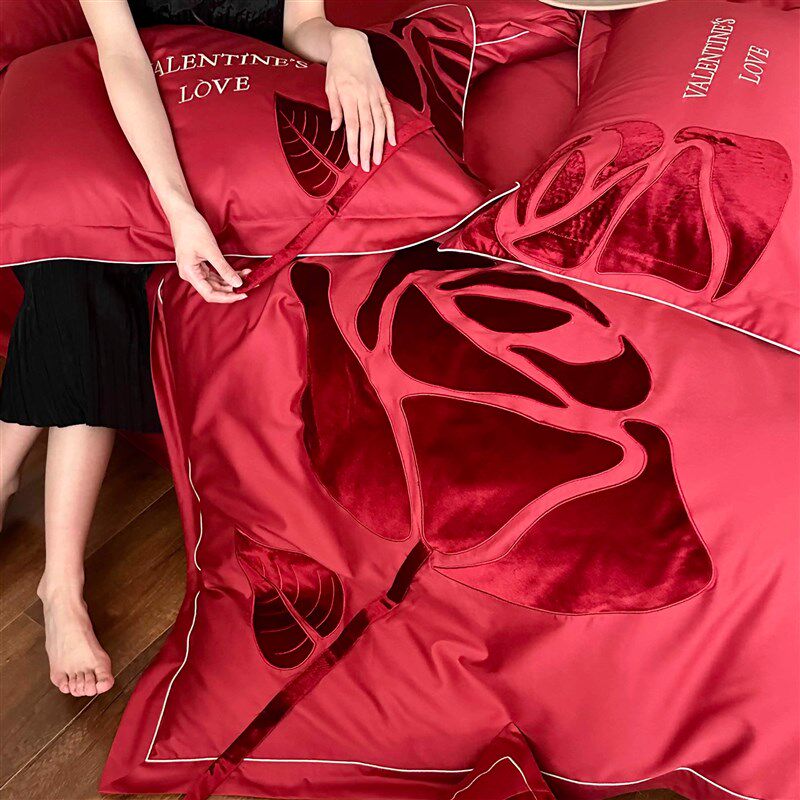 100支婚庆全棉长绒棉四件套红C色被套结婚房喜被新婚床上用品