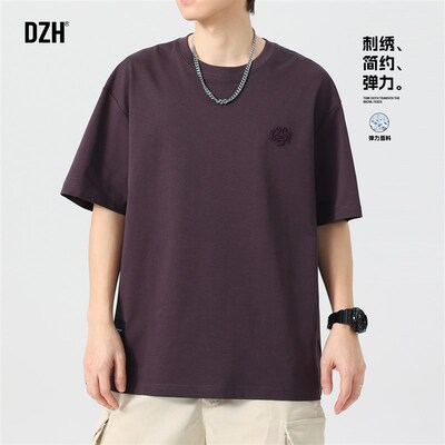 男生深紫色t恤男圆领夏季潮牌2025新款刺绣短袖男款百搭体恤半袖