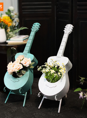 阳台庭院装饰创意店门口布置吉他琴花盆架园艺景V观摆件复古做旧