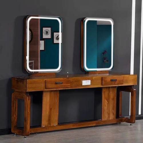 复古实木美发店镜台发廊专用理发店镜子烫染柜子一体双面led带灯