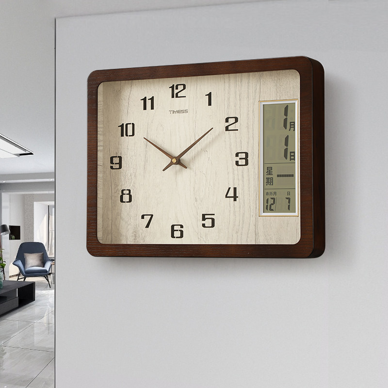 实木方形钟表挂钟客厅新中式202A2新款免打孔挂墙静音简约时钟挂