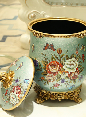 大号欧式复古客厅带盖垃圾桶家用创意装J饰品收纳桶树脂工艺品摆