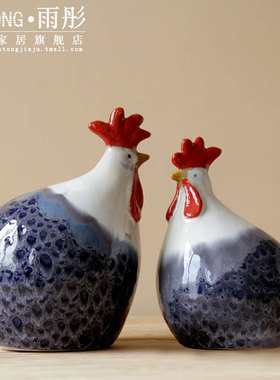 大号陶瓷陶瓷鸡摆件陶瓷鸡欧式彩绘斑斓对鸡窑变陶U瓷鸡摆件陶瓷