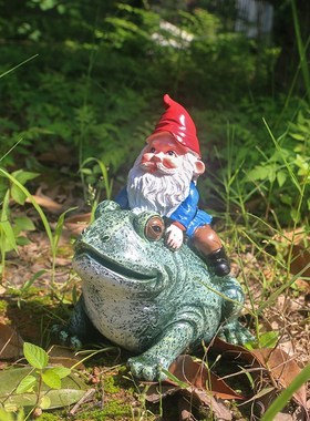 小矮人骑青蛙 花园园林树脂摆x件工艺品 动物卡通青蛙树脂 装饰品