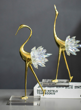 轻奢黄铜水晶仙鹤摆p件客厅电视柜酒柜办公室家居装饰工艺品