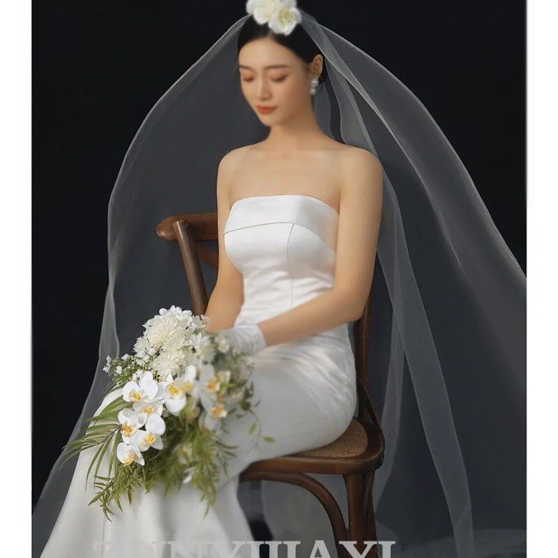新款简约单层长款拖尾新娘头纱结婚拍照道具婚礼主婚纱头饰