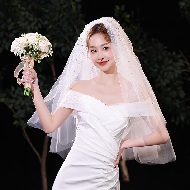 新娘头纱主婚纱珍珠蓬蓬头饰影楼造型领证高级感出嫁求婚拍照道具
