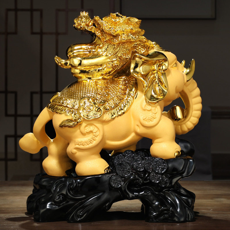 大象树脂摆件金色招财客厅玄关酒柜电视柜装饰品吸水象对象工艺品
