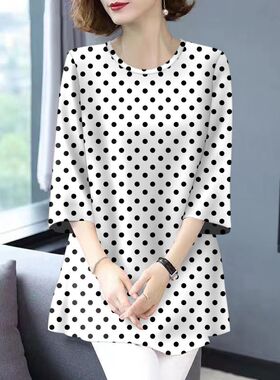冰丝夏季新款妈妈碎花短袖T恤宽松时尚显瘦遮肉七分袖中长款上衣