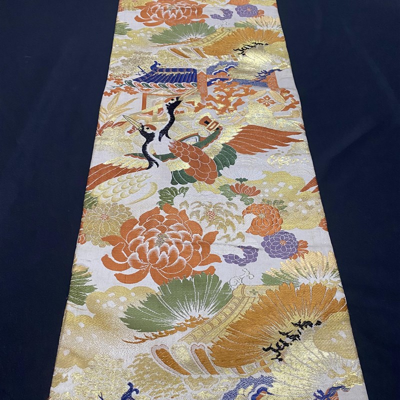 中古正绢a西阵织日式手工和服双面全通织金丸带手工织金仙鹤