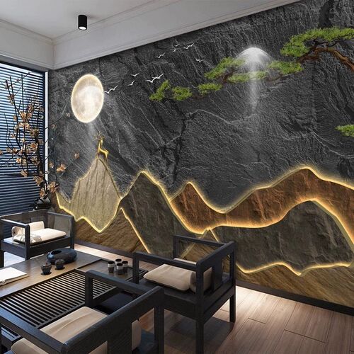 新中式3D立体假山发光背景墙壁纸茶室客厅壁画仿岩板酒店前台墙布