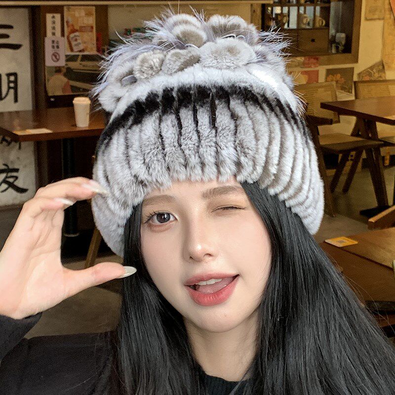 帽子冬款女冬季时尚兔毛包头帽女款青年毛线加厚保暖护耳皮草女士