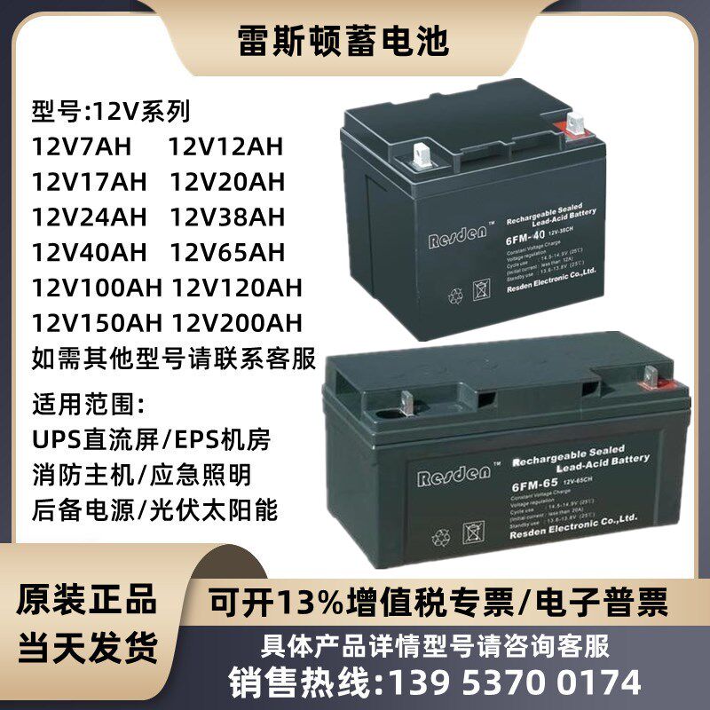 雷斯顿蓄电池6FM-12V100AH7AH17AH24AH38AH65AH120AH直流屏UPSEPS