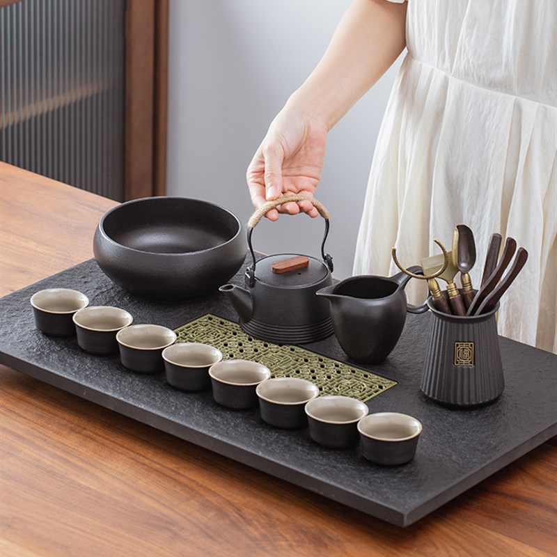 天然整块乌金石茶盘功夫茶具套装家用轻奢办公室会客陶瓷日式茶壶