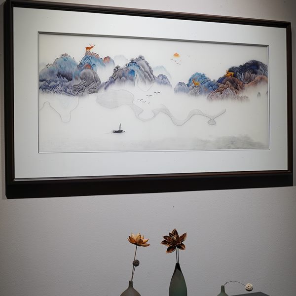 刺绣装饰画新中式现代山水大气客厅纯手工画走廊过道成品带框挂画图片