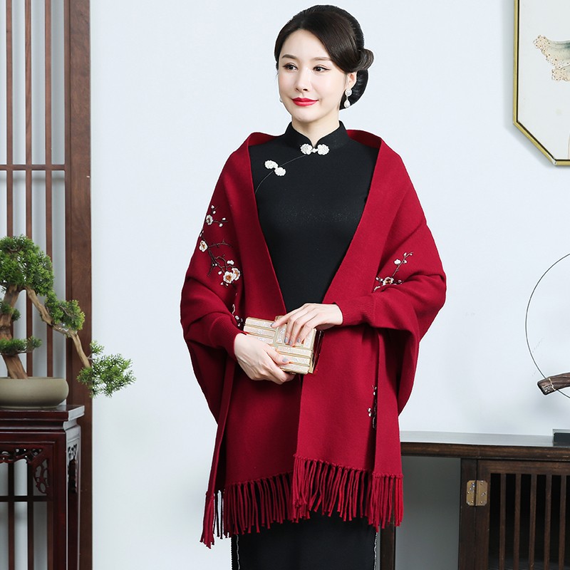 冬秋披肩婚礼妈妈配旗袍外搭秋冬喜婆婆羊绒带袖结婚礼服斗篷外套