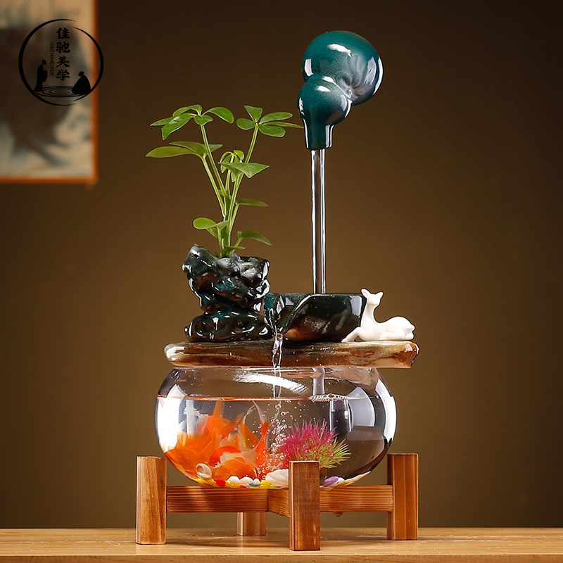 招财循环流水悬壶玻璃鱼缸创意客厅玄关桌面喷泉加湿器乔迁开业礼